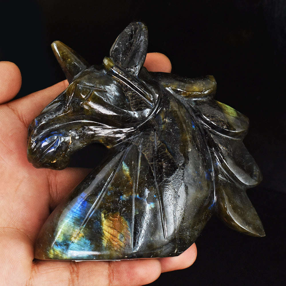 gemsmore:Exclusive  Blue & Golden Flash Labradorite  Hand Carved  2077.00 Cts  Unicorn Head Gemstone Carving