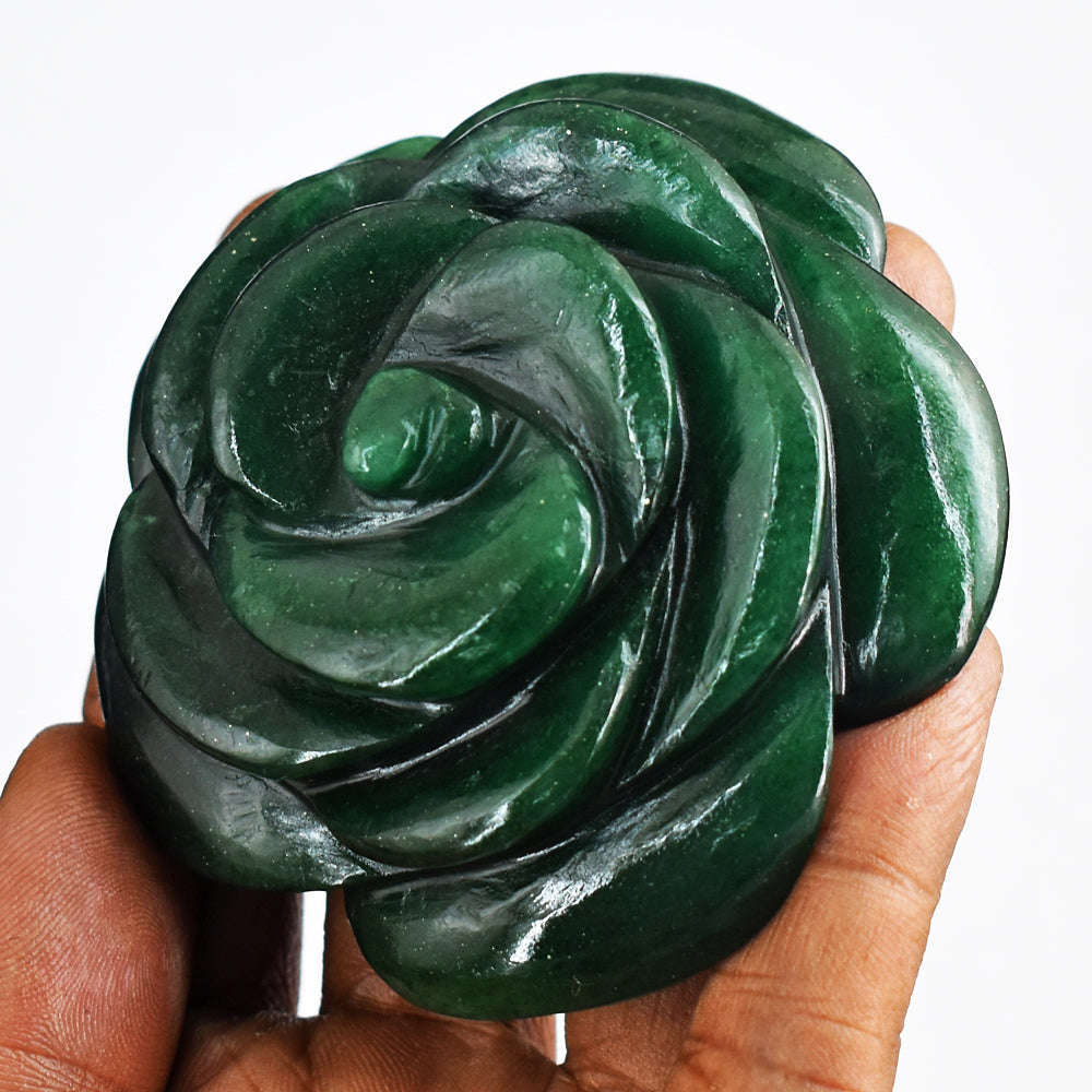 gemsmore:Exclusive Green Jade Hand Carved Genuine 703.00  Cts Carving Rose Flower Gemstone