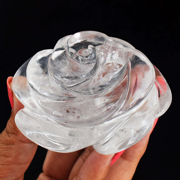 gemsmore:Exclusive White  Quartz  913.00 Cts Hand Carved Rose Flower Carving Gemstone