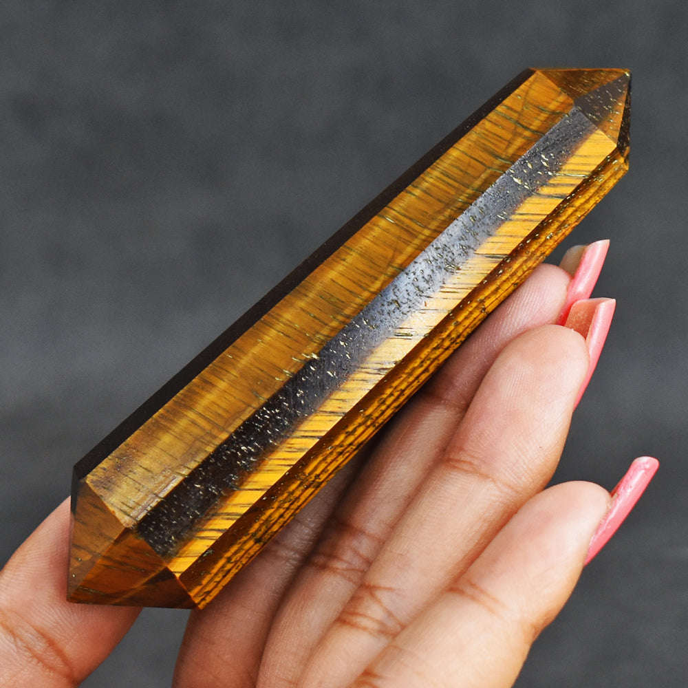 gemsmore:Genuine  316.00 Cts  Golden Tiger Eye Hand Carved  Healing  Double Terminated Point