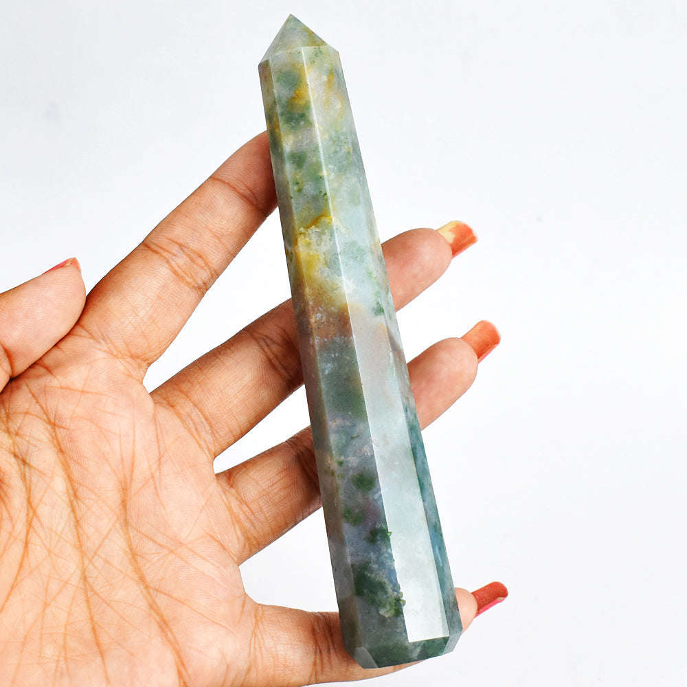 gemsmore:Genuine  470.00 Cts  Hand Carved Natural Moss Agate  Healing Point