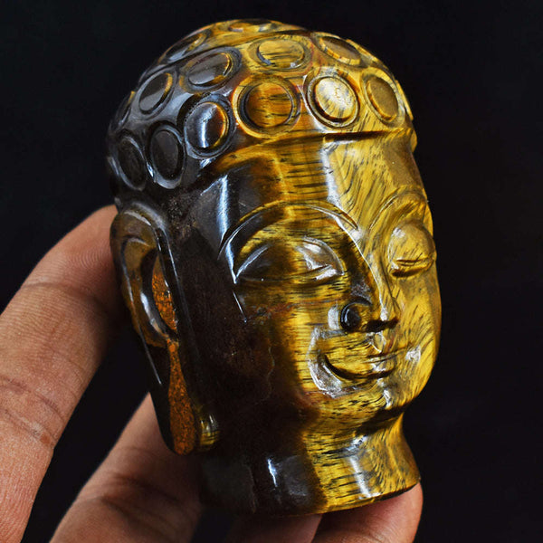 gemsmore:Genuine Tiger Eye Hand Carved Genuine Crystal Gemstone Carving Buddha Head