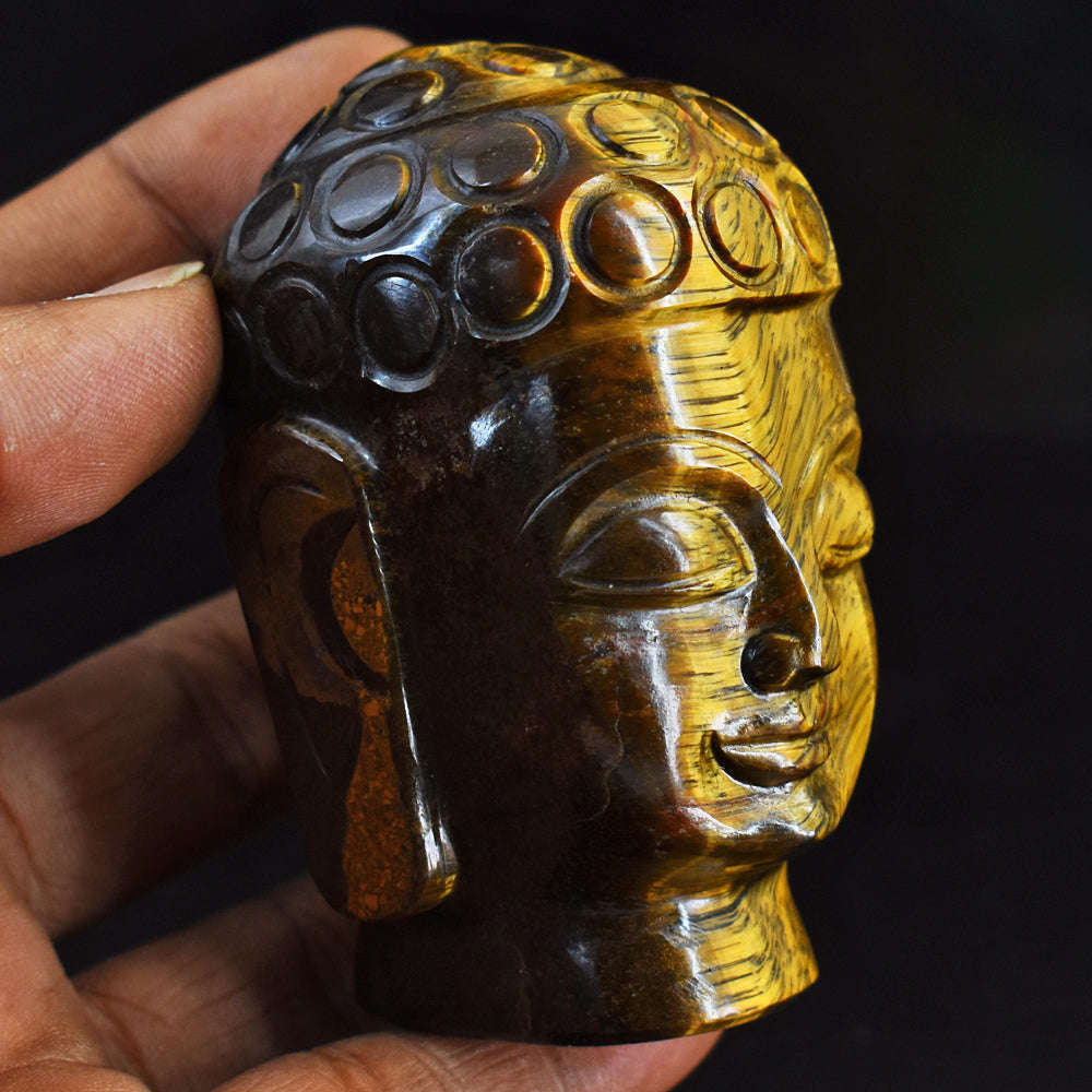 gemsmore:Genuine Tiger Eye Hand Carved Genuine Crystal Gemstone Carving Buddha Head