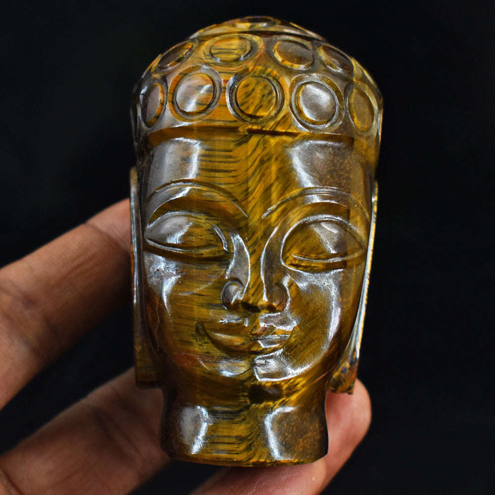 gemsmore:Genuine Tiger Eye Hand Carved Genuine Crystal Gemstone Carving Buddha Head