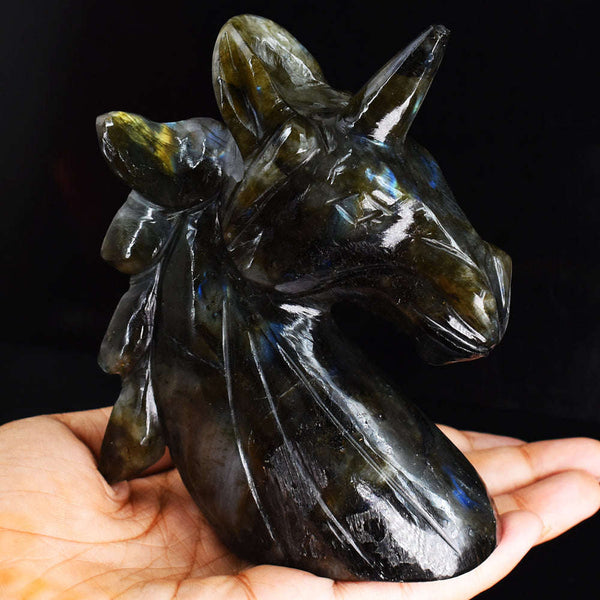 gemsmore:Golden & Blue Flash Labradorite  1957.00  Cts  Genuine Hand  Carved  Crystal Gemstone Carving Unicorn Head
