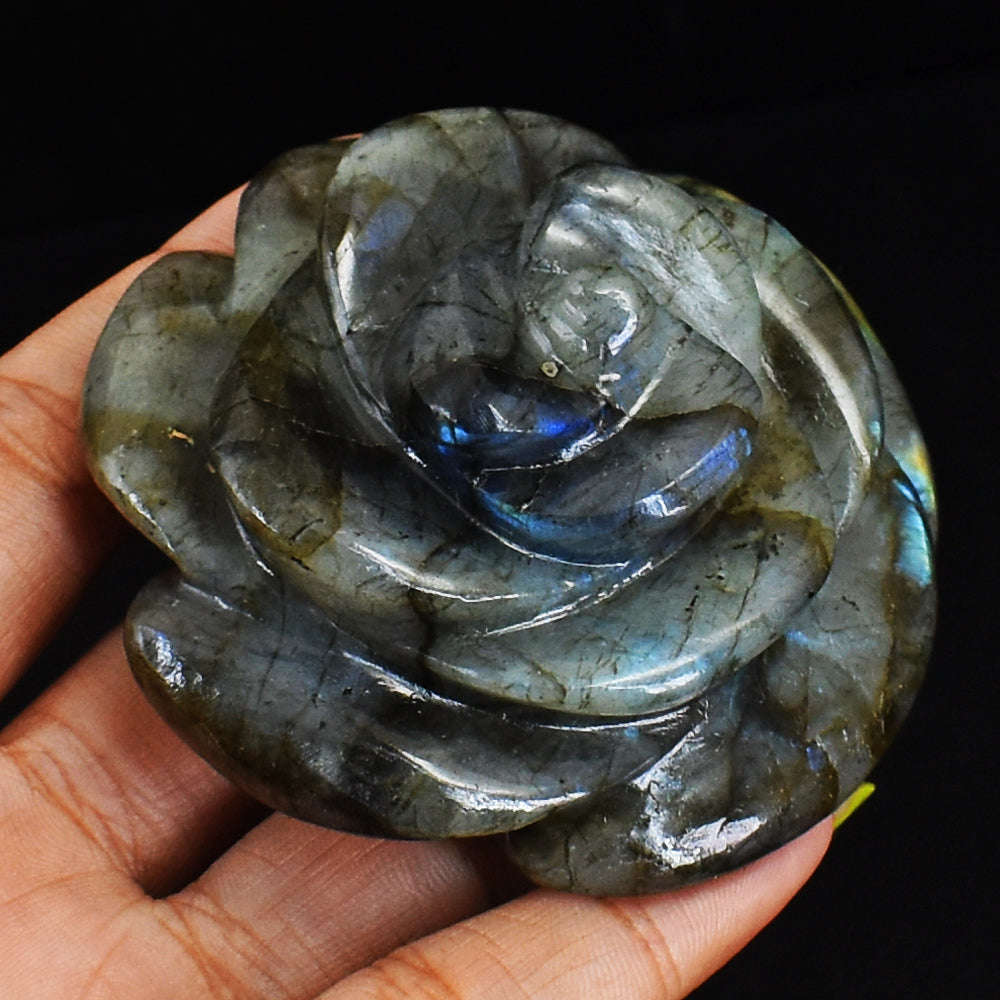 gemsmore:Golden & Blue Flash Labradorite 608.00 Cts  Genuine  Hand Carved  Gemstone Rose