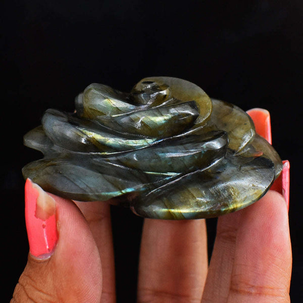 gemsmore:Golden & Green  Flash  Labradorite   316.00 Carats  Genuine  Hand Carved  Gemstone  Rose Flower Carving