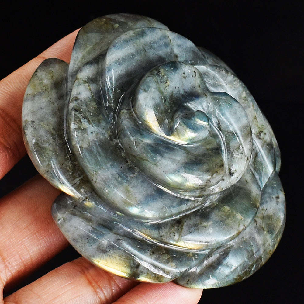 gemsmore:Golden   & Green  Flash  Labradorite  591.00 Cts  Genuine  Hand Carved  Gemstone Rose