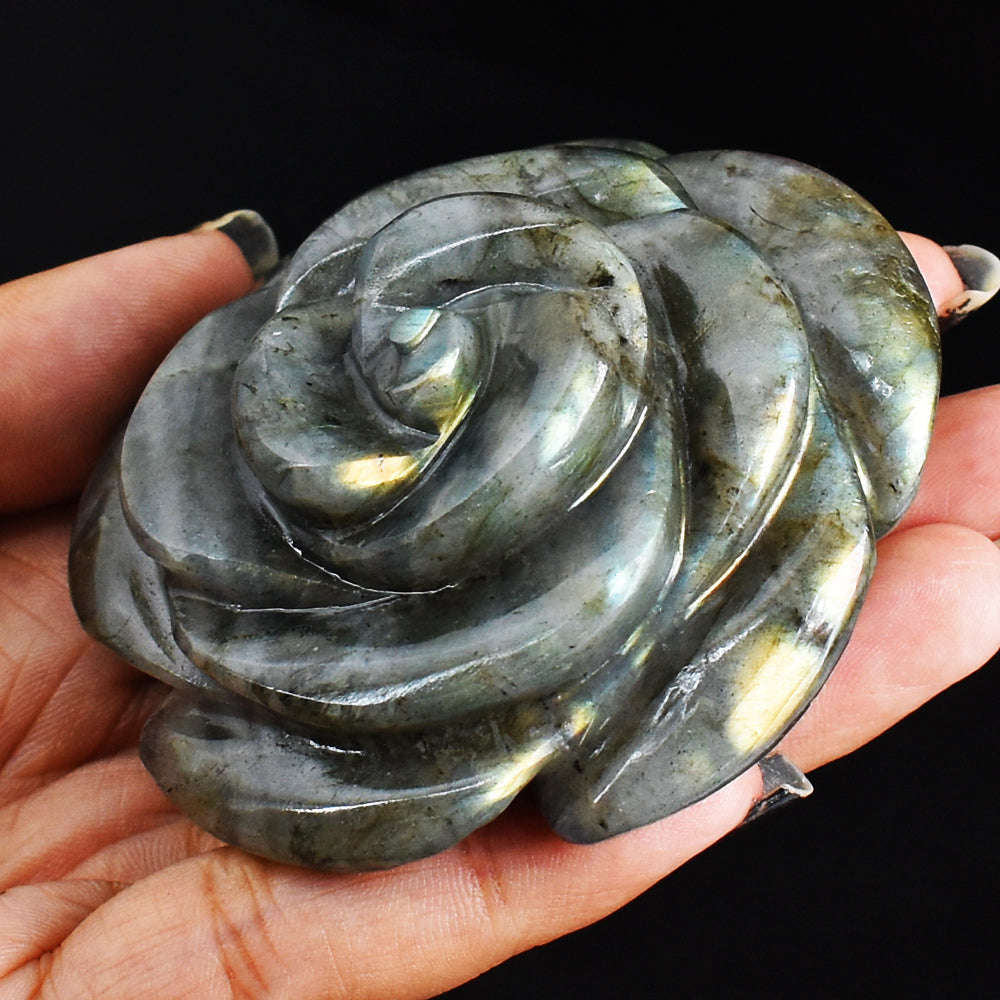 gemsmore:Golden   & Green  Flash  Labradorite  591.00 Cts  Genuine  Hand Carved  Gemstone Rose