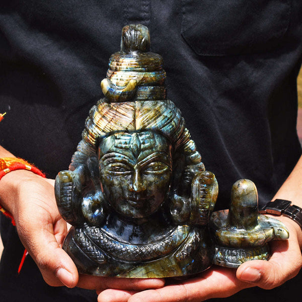 gemsmore:Gorgeous  13780.00  Cts Genuine  Amazing Flash Labradorite Hand Carved Lord Shiva Head With Shivling Gemstone Carving