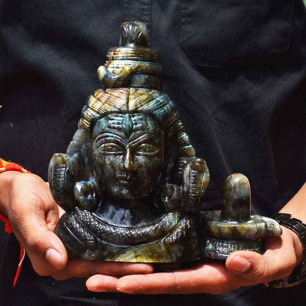 gemsmore:Gorgeous  13780.00  Cts Genuine  Amazing Flash Labradorite Hand Carved Lord Shiva Head With Shivling Gemstone Carving