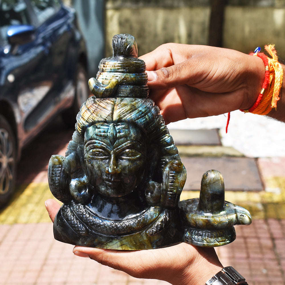 gemsmore:Gorgeous  13780.00  Cts Genuine  Amazing Flash Labradorite Hand Carved Lord Shiva Head With Shivling Gemstone Carving