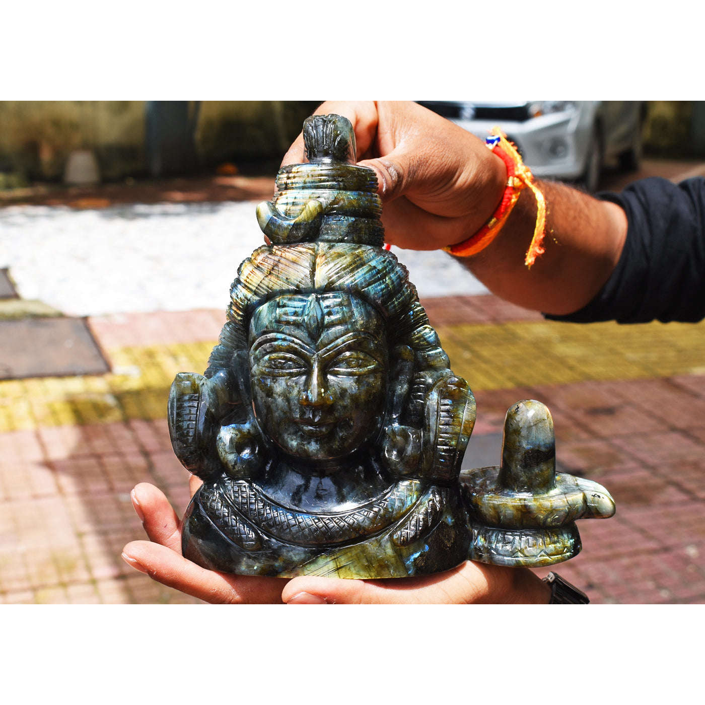 gemsmore:Gorgeous  13780.00  Cts Genuine  Amazing Flash Labradorite Hand Carved Lord Shiva Head With Shivling Gemstone Carving