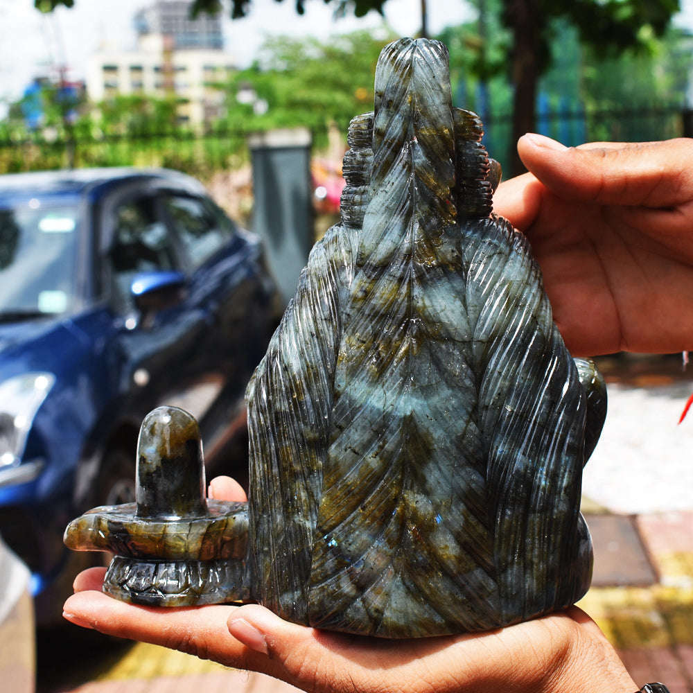 gemsmore:Gorgeous  13780.00  Cts Genuine  Amazing Flash Labradorite Hand Carved Lord Shiva Head With Shivling Gemstone Carving