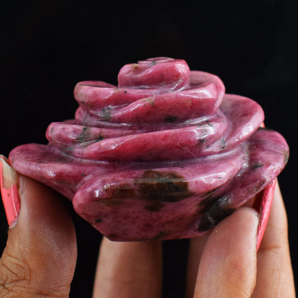 gemsmore:Gorgeous  628.00  Cts  Genuine  Pink Rhodonite  Hand  Carved  Crystal  Rose  Gemstone