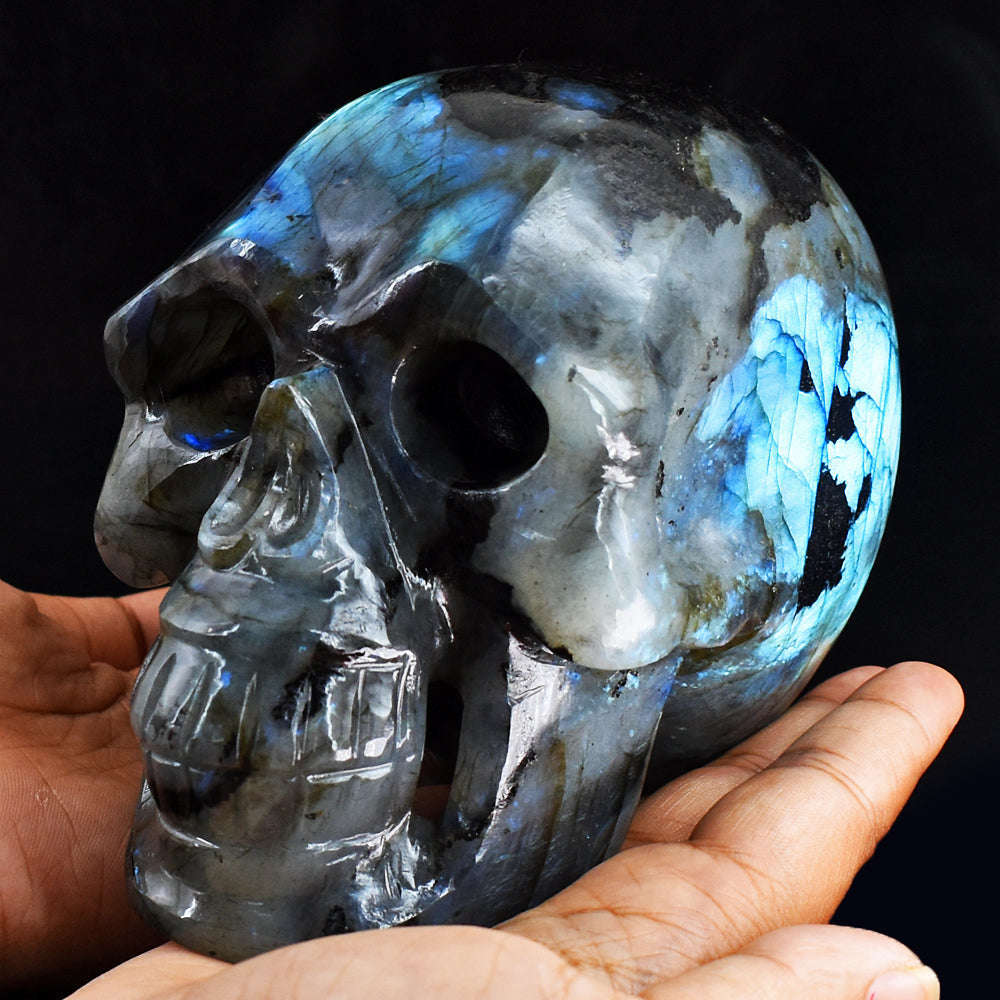 gemsmore:Gorgeous  8085.00 Cts  Genuine  Blue  Flash  Labradorite  Hand Carved Crystal Gemstone Carving Skull