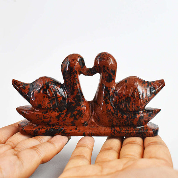 gemsmore:Gorgeous  900.00  Cts  Genuine Mahogany Jasper  Hand Carved Crystal Swan Pair Gemstone Carving