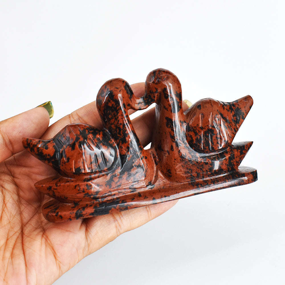 gemsmore:Gorgeous  900.00  Cts  Genuine Mahogany Jasper  Hand Carved Crystal Swan Pair Gemstone Carving