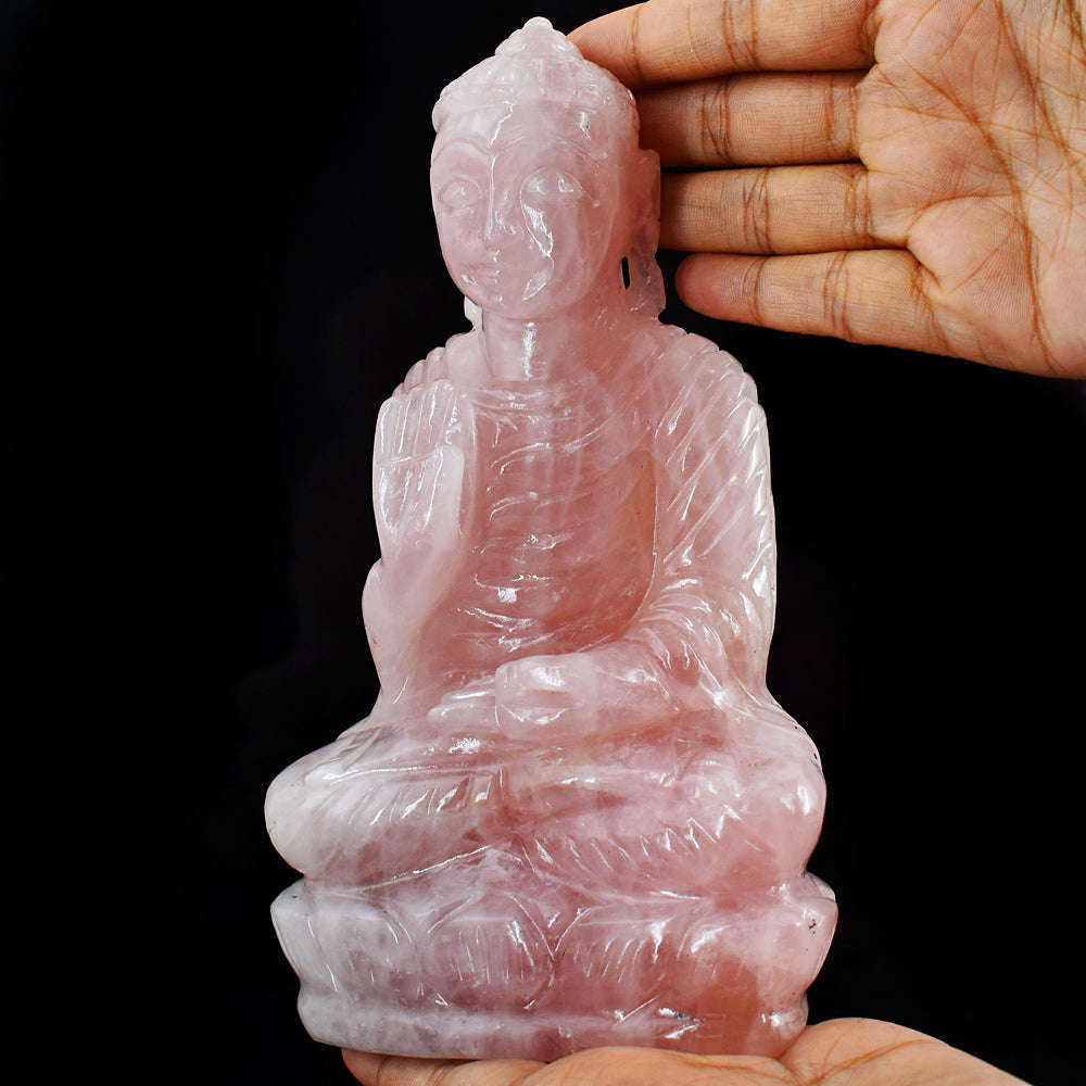 gemsmore:Gorgeous Rose Quartz Hand Carved Genuine Crystal Gemstone Carving Buddha Statue