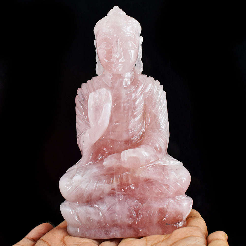 gemsmore:Gorgeous Rose Quartz Hand Carved Genuine Crystal Gemstone Carving Buddha Statue