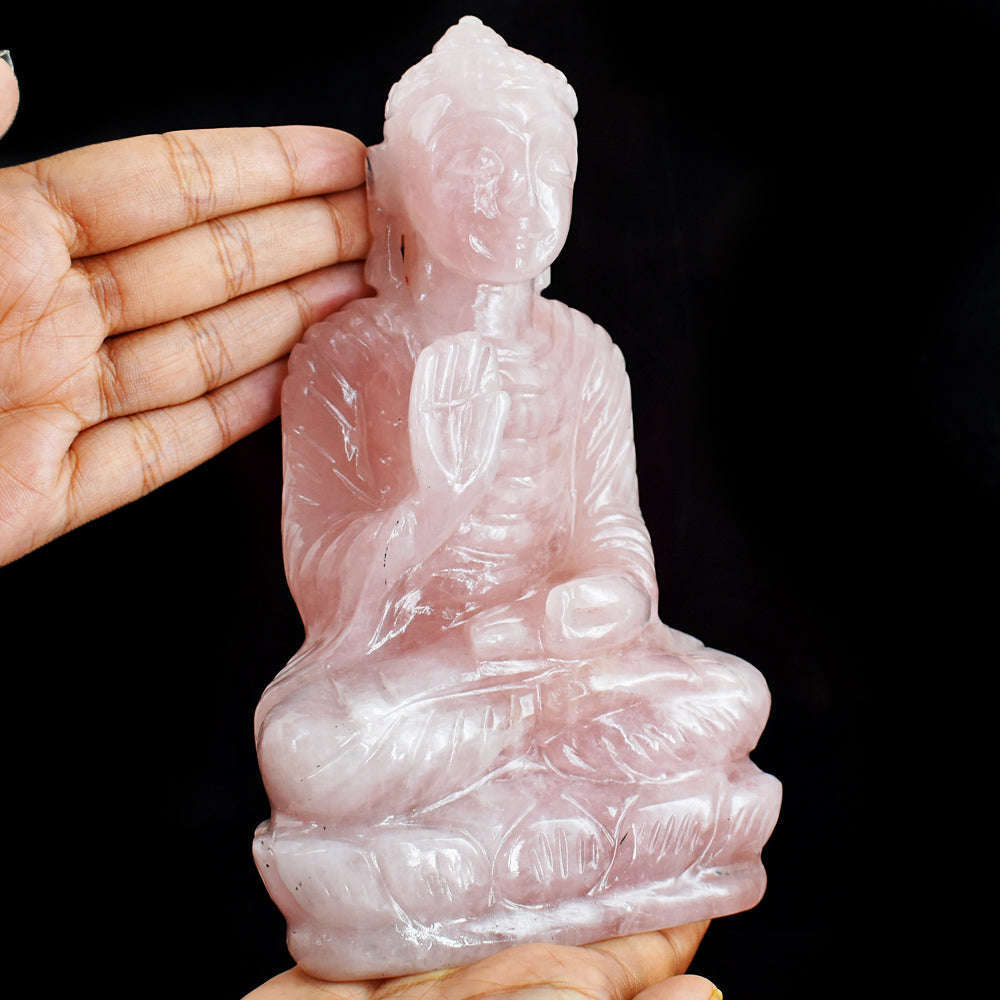 gemsmore:Gorgeous Rose Quartz Hand Carved Genuine Crystal Gemstone Carving Buddha Statue