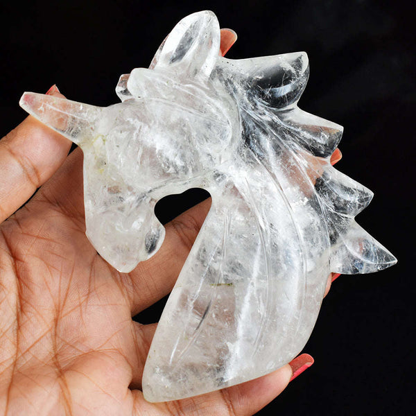 gemsmore:Natural  1056.00  Cts  Genuine  White  Quartz  Hand  Carved  Crystal Gemstone  Carving Unicorn Head