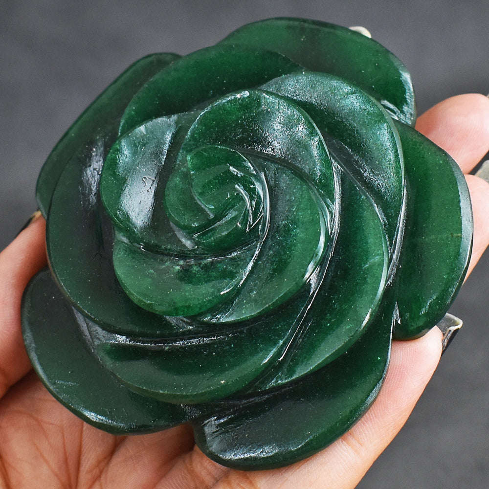 gemsmore:Natural  584.00 Cts  Green  Jade  Hand  Carved  Genuine  Carving  Rose