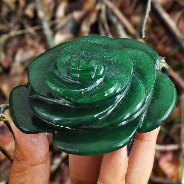 gemsmore:Natural  584.00 Cts  Green  Jade  Hand  Carved  Genuine  Carving  Rose