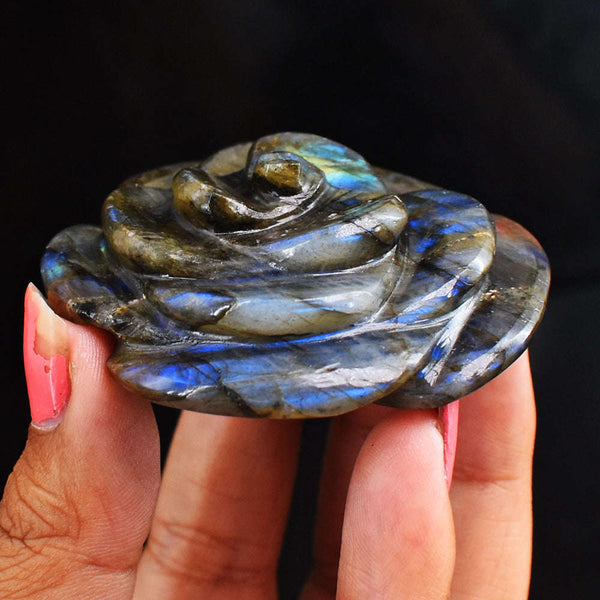 gemsmore:Natural  Blue  Flash Labradorite  276.00 Carats  Genuine  Hand Carved  Gemstone  Rose Flower Carving