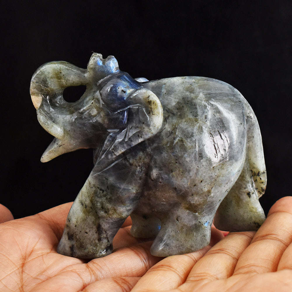 gemsmore:Natural Blue Flash  Labradorite  Hand Carved Genuine Crystal Gemstone Carving Elephant