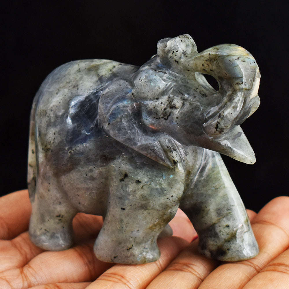 gemsmore:Natural Blue Flash  Labradorite  Hand Carved Genuine Crystal Gemstone Carving Elephant