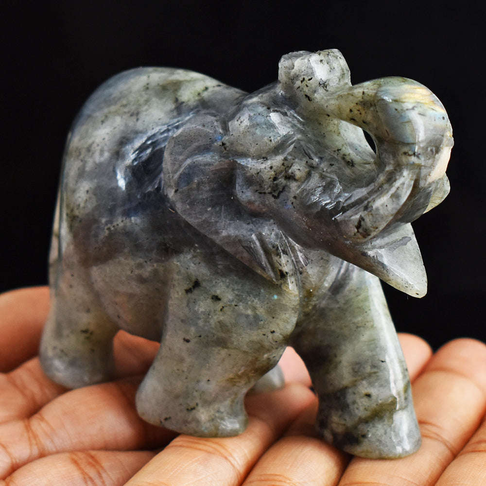 gemsmore:Natural Blue Flash  Labradorite  Hand Carved Genuine Crystal Gemstone Carving Elephant