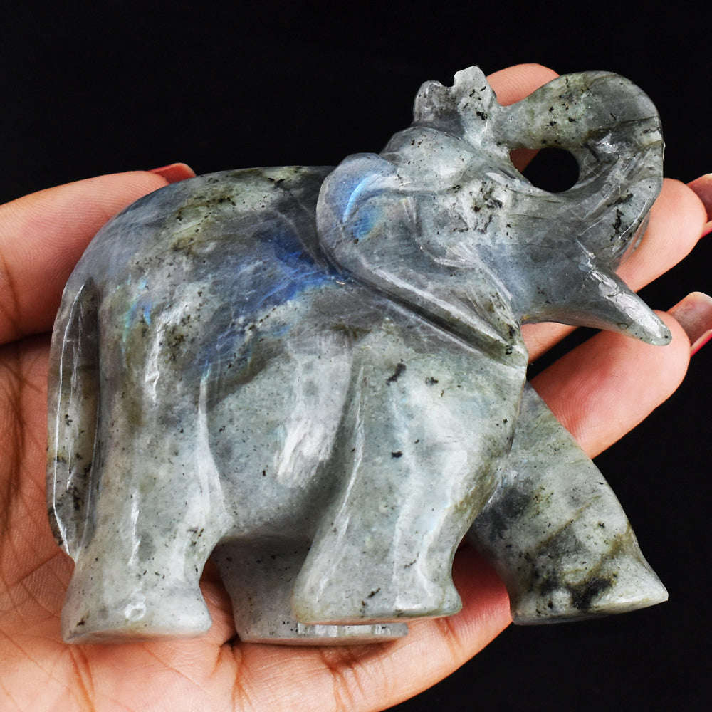 gemsmore:Natural Blue Flash  Labradorite  Hand Carved Genuine Crystal Gemstone Carving Elephant