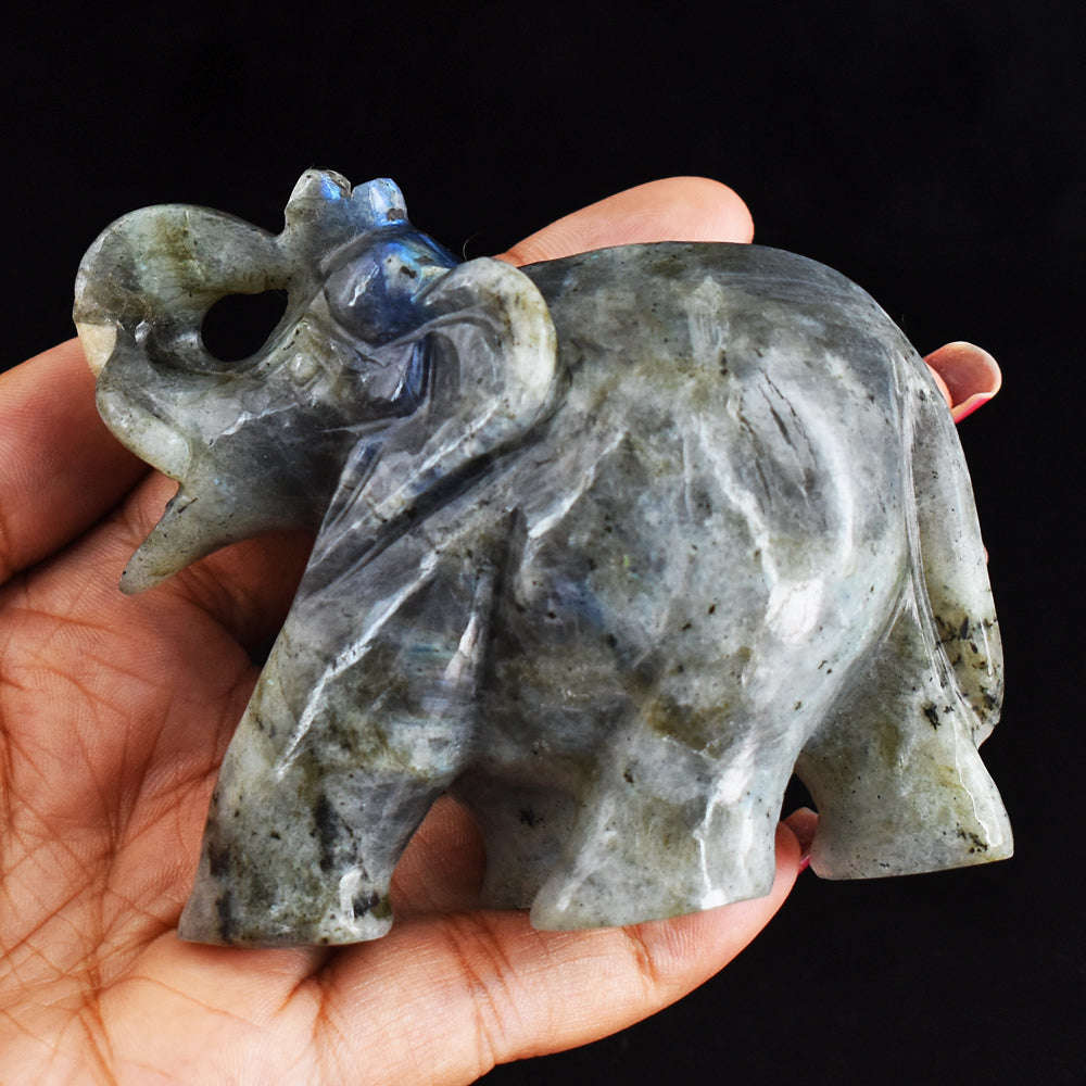 gemsmore:Natural Blue Flash  Labradorite  Hand Carved Genuine Crystal Gemstone Carving Elephant