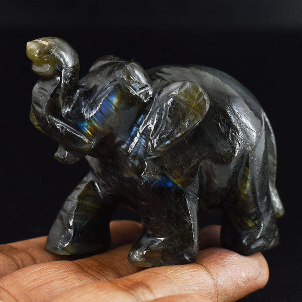 gemsmore:Natural Golden & Blue Flash  Labradorite  Hand Carved Genuine Crystal Gemstone Carving Elephant