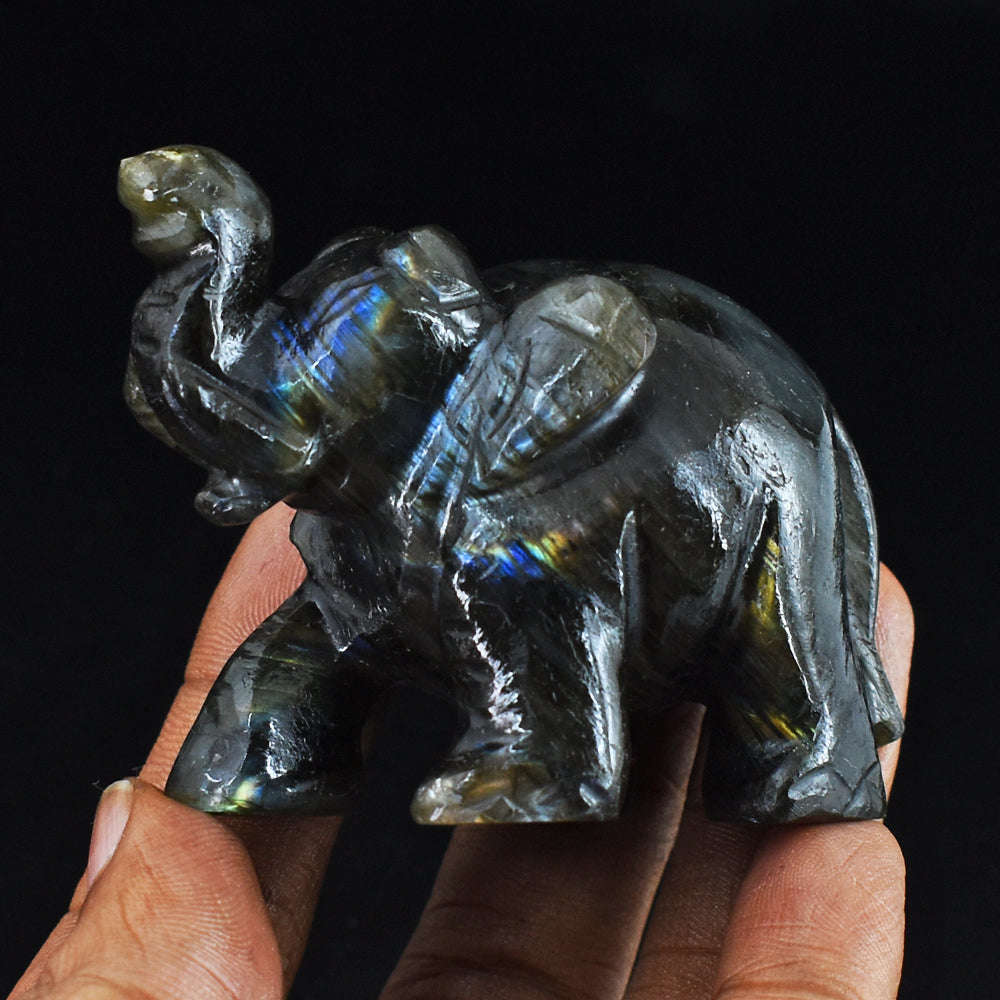 gemsmore:Natural Golden & Blue Flash  Labradorite  Hand Carved Genuine Crystal Gemstone Carving Elephant