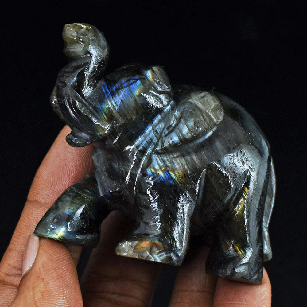 gemsmore:Natural Golden & Blue Flash  Labradorite  Hand Carved Genuine Crystal Gemstone Carving Elephant