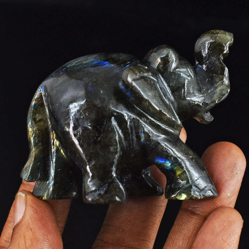 gemsmore:Natural Golden & Blue Flash  Labradorite  Hand Carved Genuine Crystal Gemstone Carving Elephant