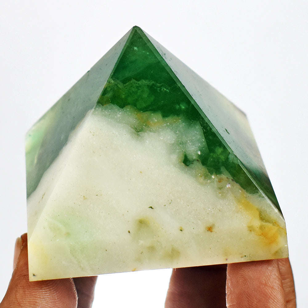 gemsmore:Natural  Hand  Carved  Genuine Green Fluorite Healing Pyramid