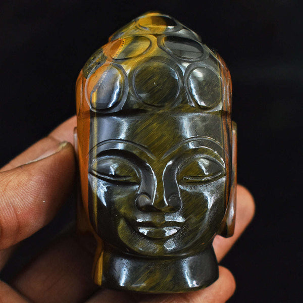 gemsmore:Natural Tiger Eye Hand Carved Genuine Crystal Gemstone Carving Buddha Head