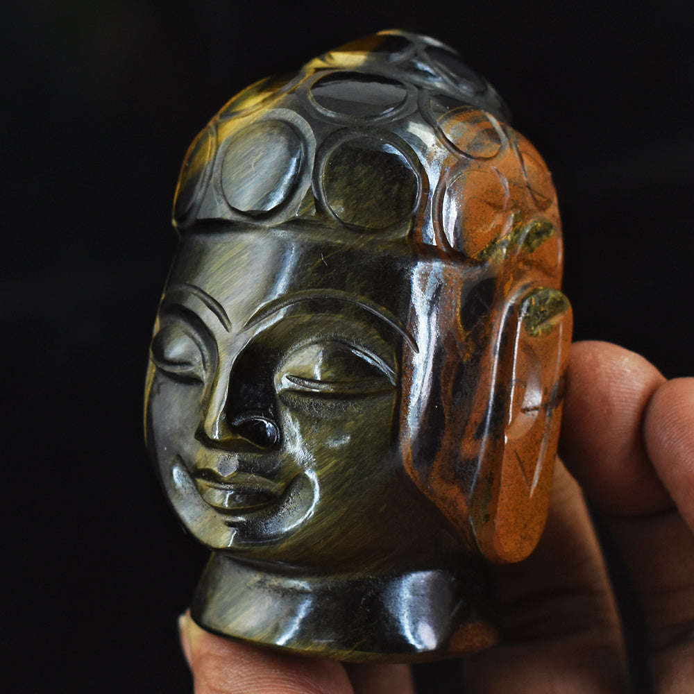 gemsmore:Natural Tiger Eye Hand Carved Genuine Crystal Gemstone Carving Buddha Head