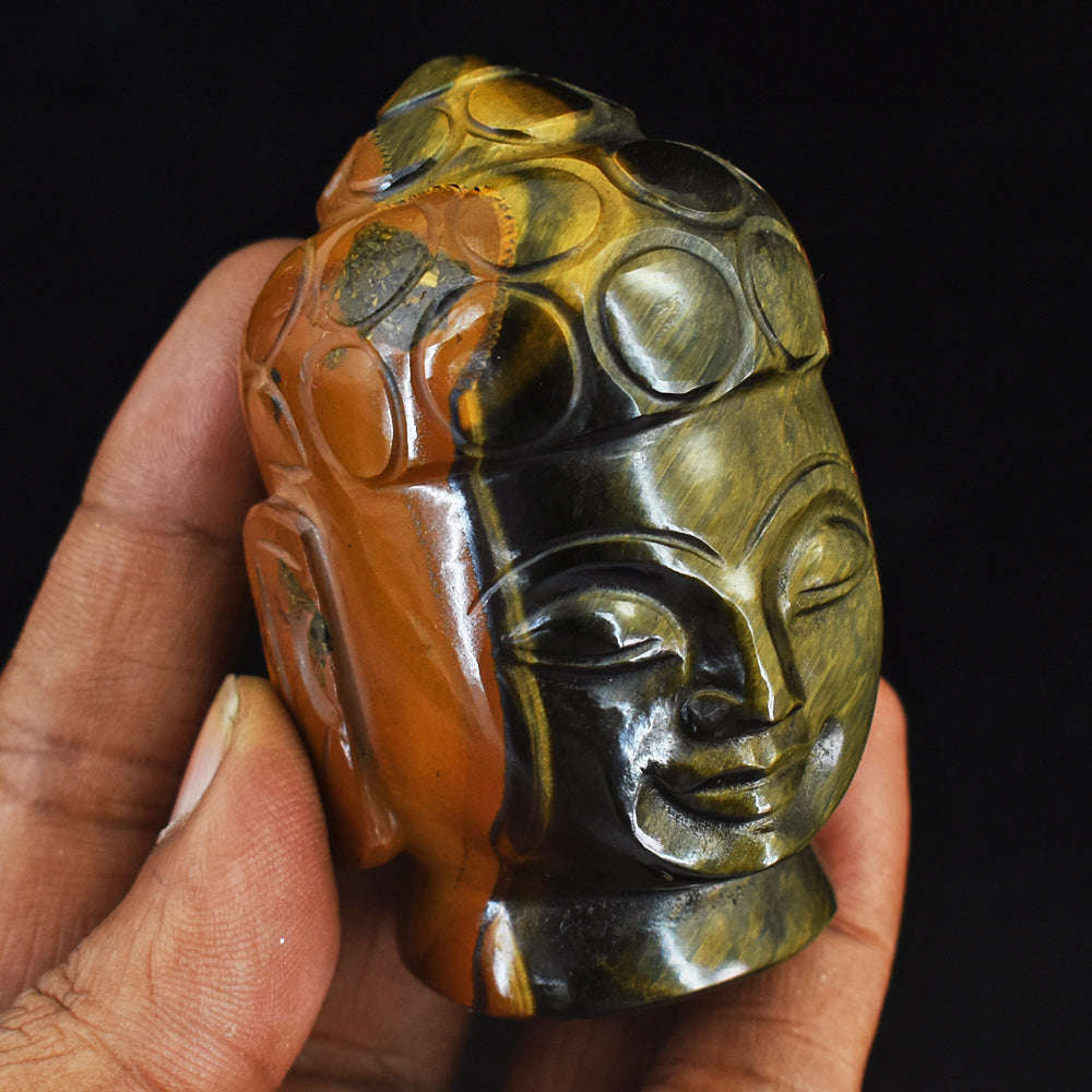 gemsmore:Natural Tiger Eye Hand Carved Genuine Crystal Gemstone Carving Buddha Head