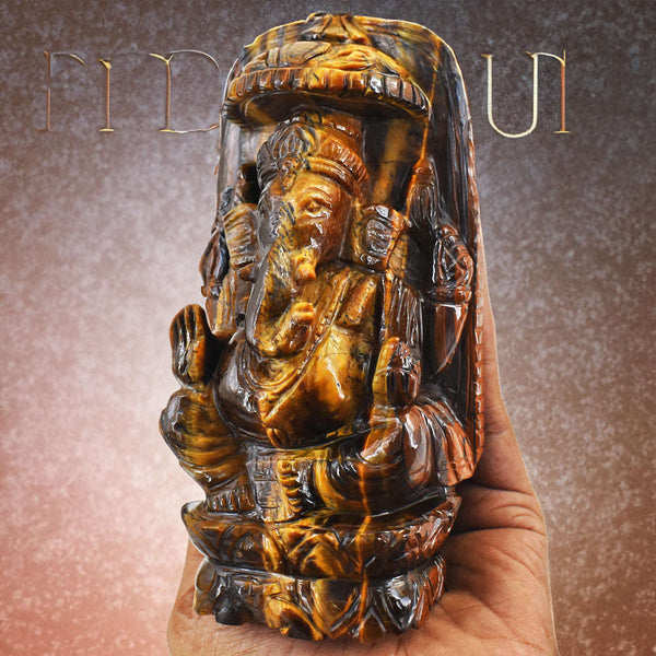 gemsmore:Natural Tiger Eye Hand Carved Genuine Crystal Gemstone Carving Lord Ganesha