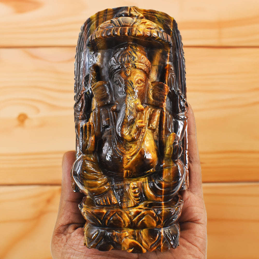 gemsmore:Natural Tiger Eye Hand Carved Genuine Crystal Gemstone Carving Lord Ganesha