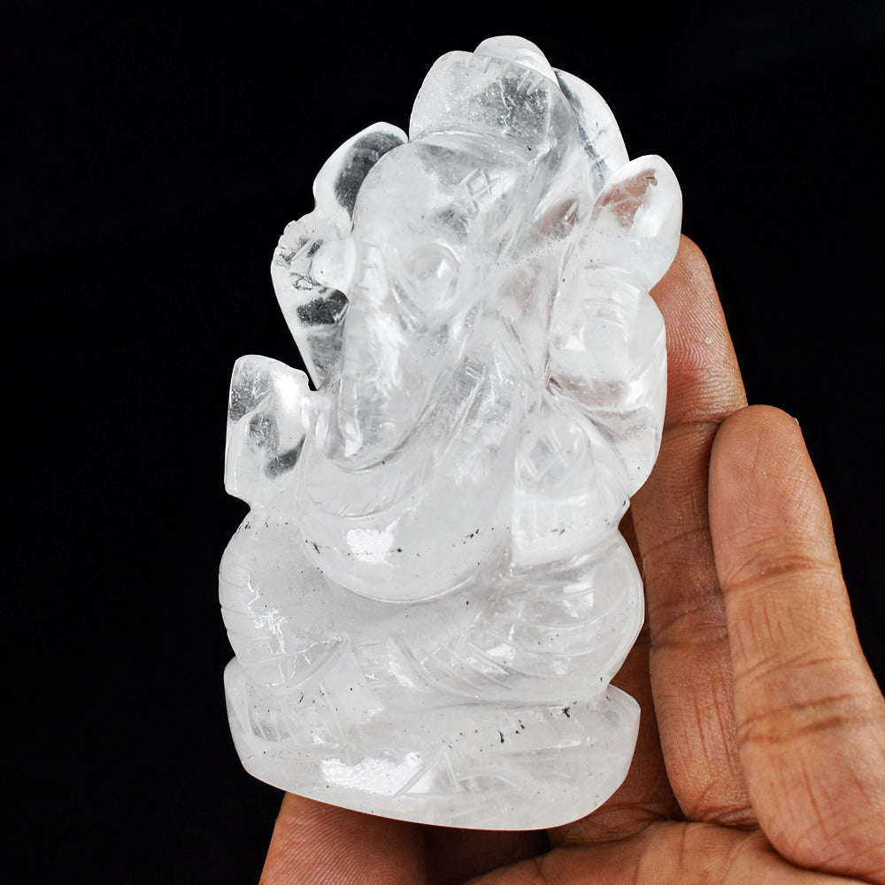 gemsmore:Natural White Quartz Hand Carved Genuine Crystal Gemstone Carving Lord Ganesha