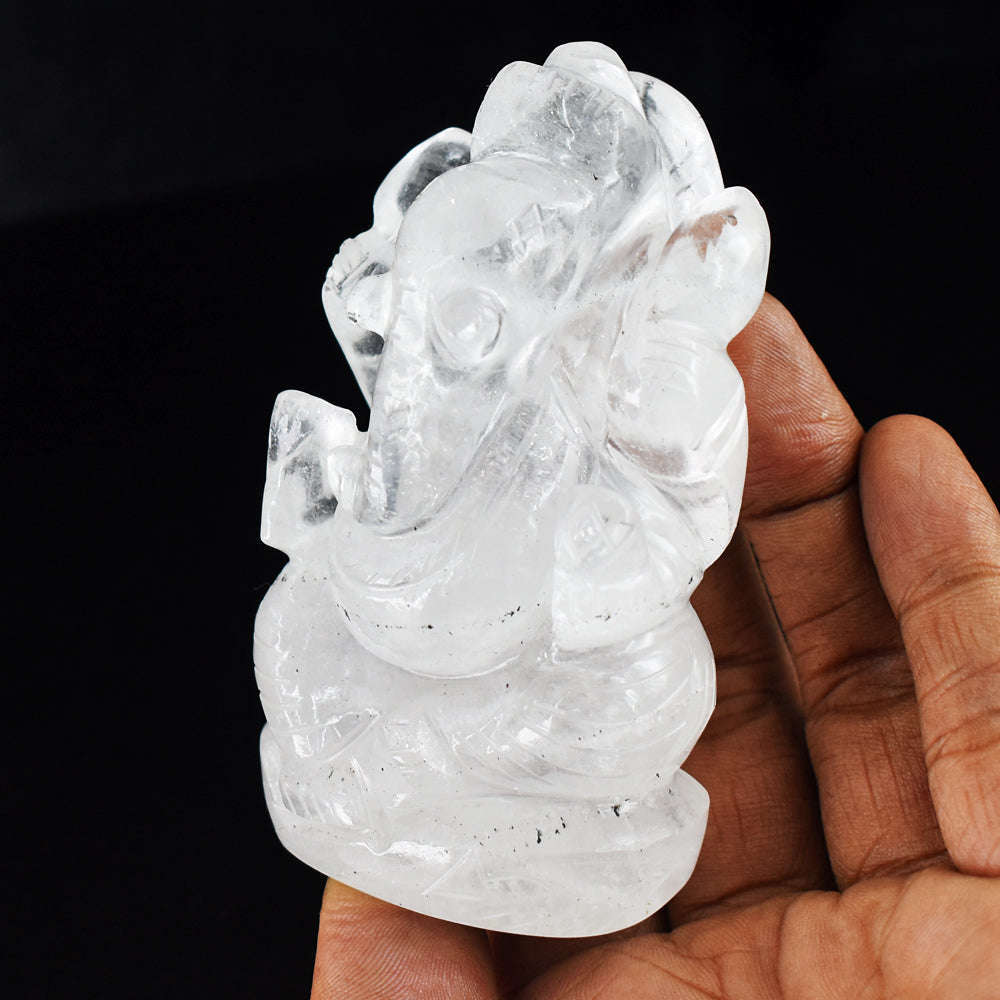 gemsmore:Natural White Quartz Hand Carved Genuine Crystal Gemstone Carving Lord Ganesha