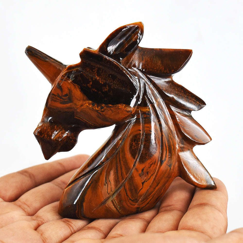 gemsmore:Premium 1211.00  Carats  Genuine  Golden  Tiger Eye Hand  Carved  Unicorn Head Carving