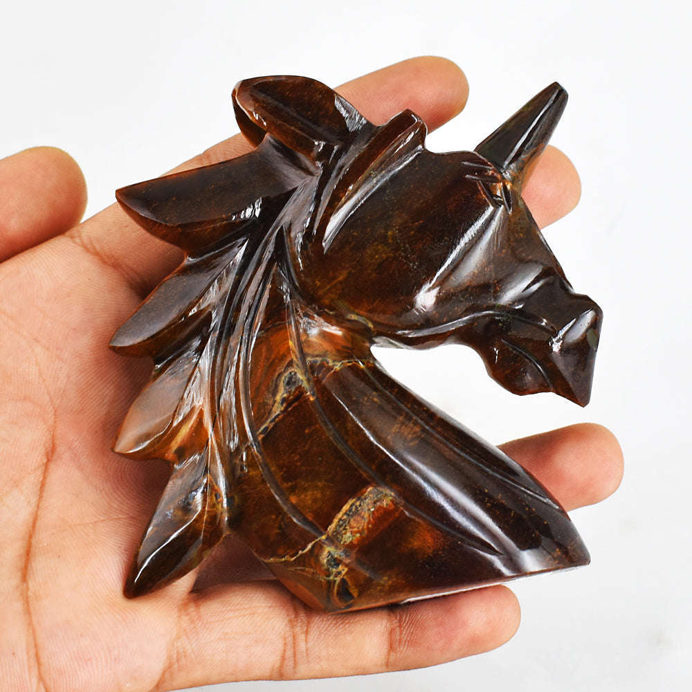 gemsmore:Premium 1211.00  Carats  Genuine  Golden  Tiger Eye Hand  Carved  Unicorn Head Carving