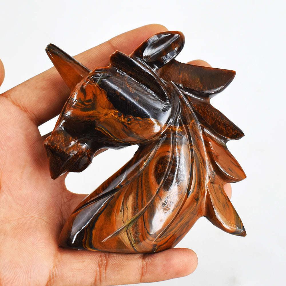 gemsmore:Premium 1211.00  Carats  Genuine  Golden  Tiger Eye Hand  Carved  Unicorn Head Carving