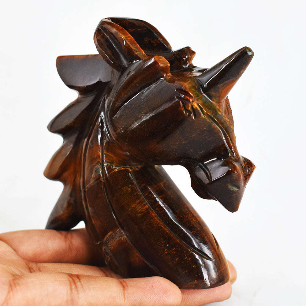 gemsmore:Premium 1211.00  Carats  Genuine  Golden  Tiger Eye Hand  Carved  Unicorn Head Carving